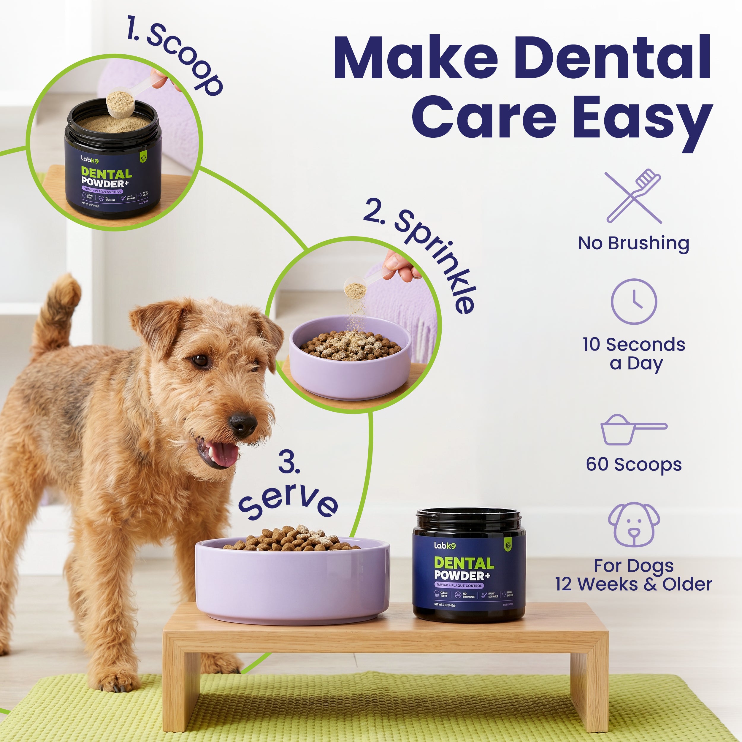 How to use LabK9 Dog Dental Powder by sprinkling the recommended amount over your dog's food daily