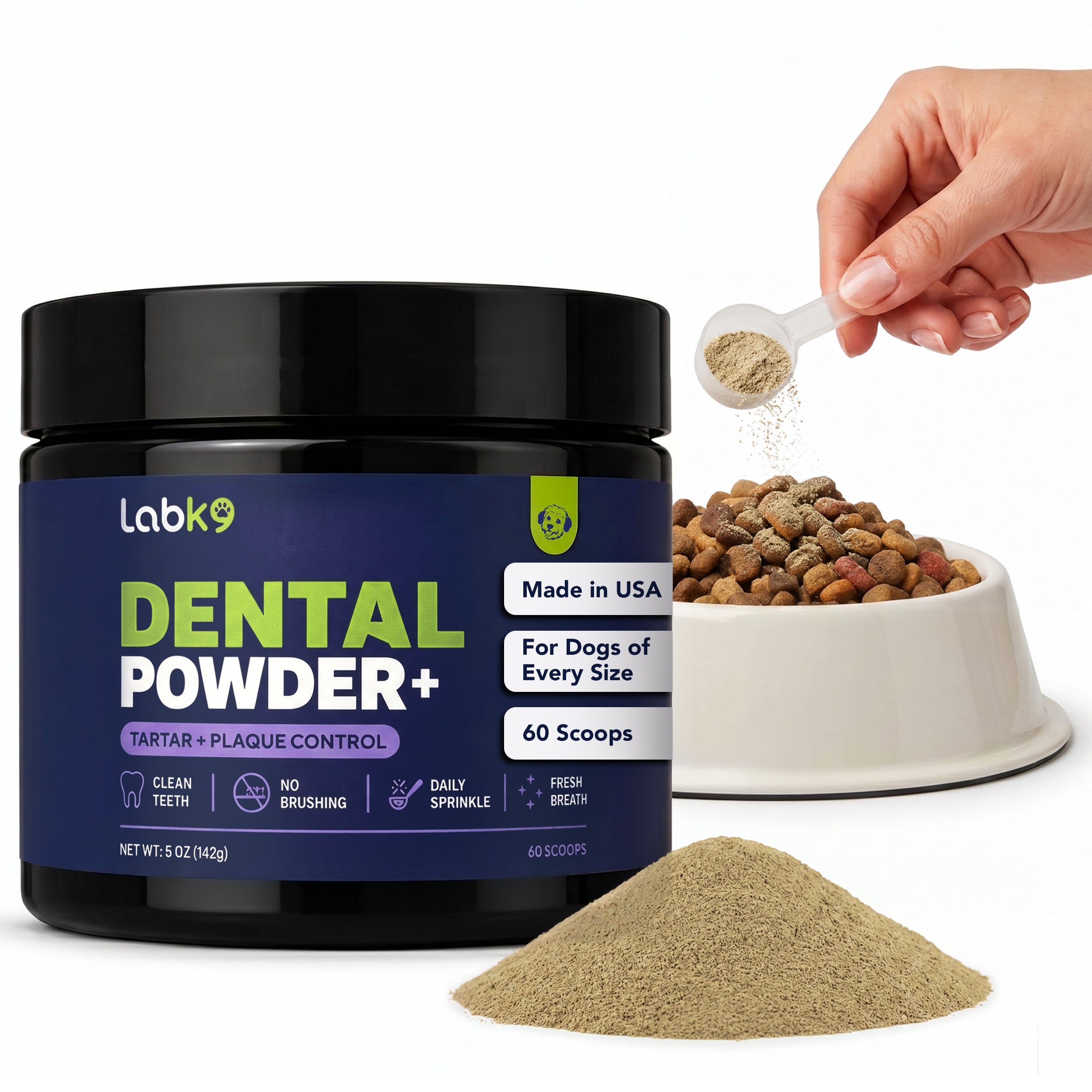 Close-up of LabK9 Dental Powder container with scoop, powder, and dog food bowl