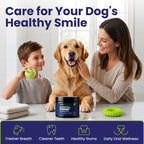 Family with happy dog using LabK9 Dental Powder to support cleaner teeth, healthier gums, and fresher breath.