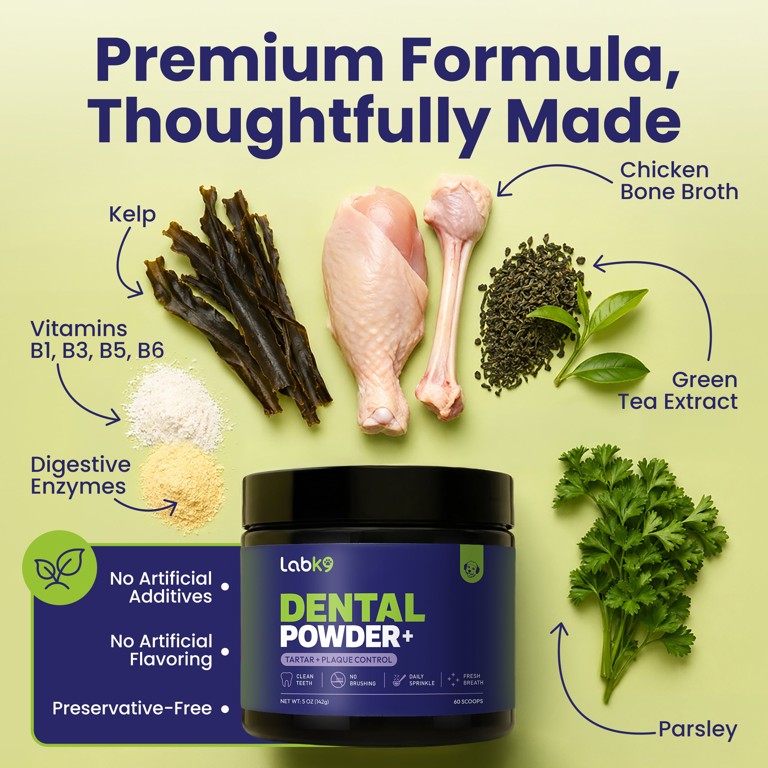 LabK9 Dental Powder made with natural ingredients including kelp, parsley, enzymes, green tea extract, and bone broth.
